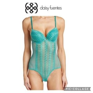 Daisy Fuentes push up mesh lace Teddy lingerie size small teal blue NWT $42